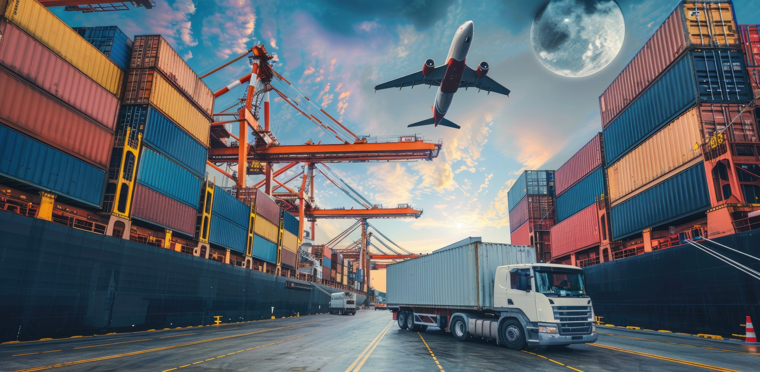 Cargo Ship at Sunset with Airplane and Truck